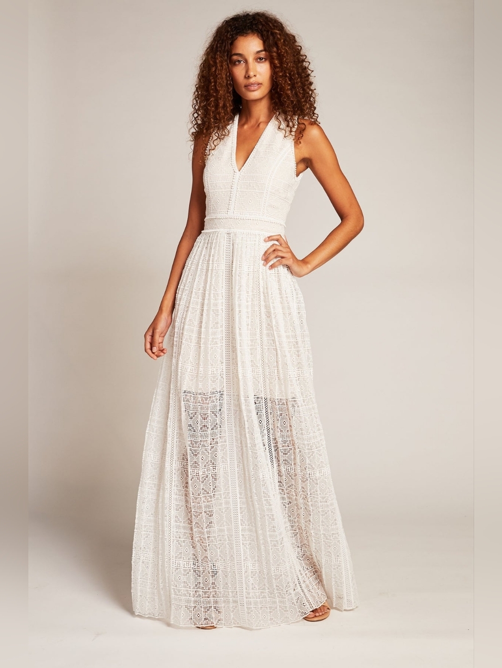 Elie Tahari Raine Maxi Dress Sz 4 Ivory Pleated Lace